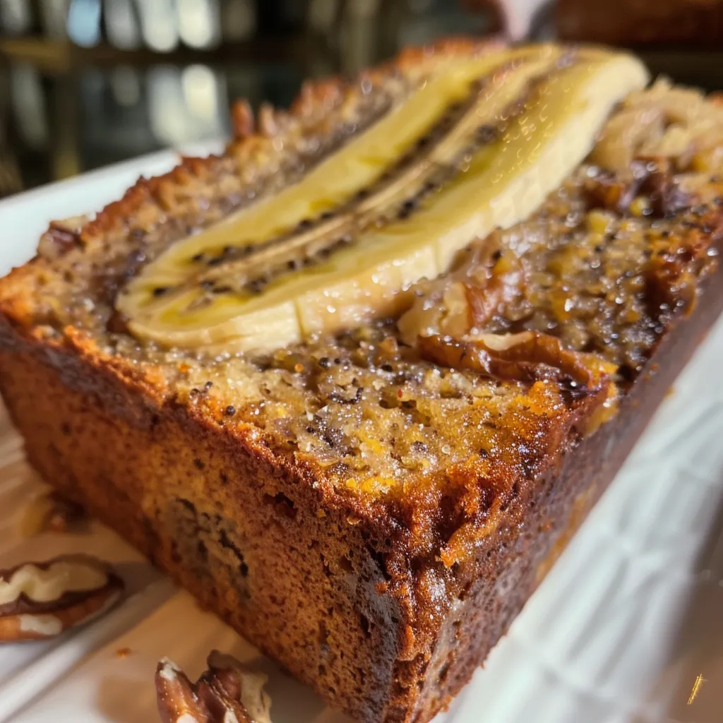 A loaf of 3-ingredient banana bread sliced on a wooden board, with bananas and eggshells in the background.