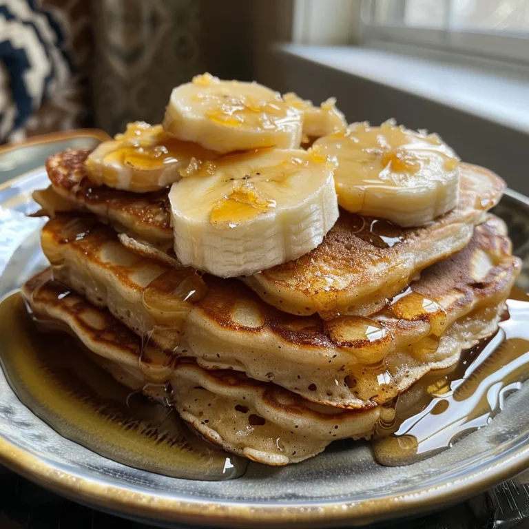 Three delicious 3-ingredient banana pancakes topped with banana slices and syrup on a white plate.