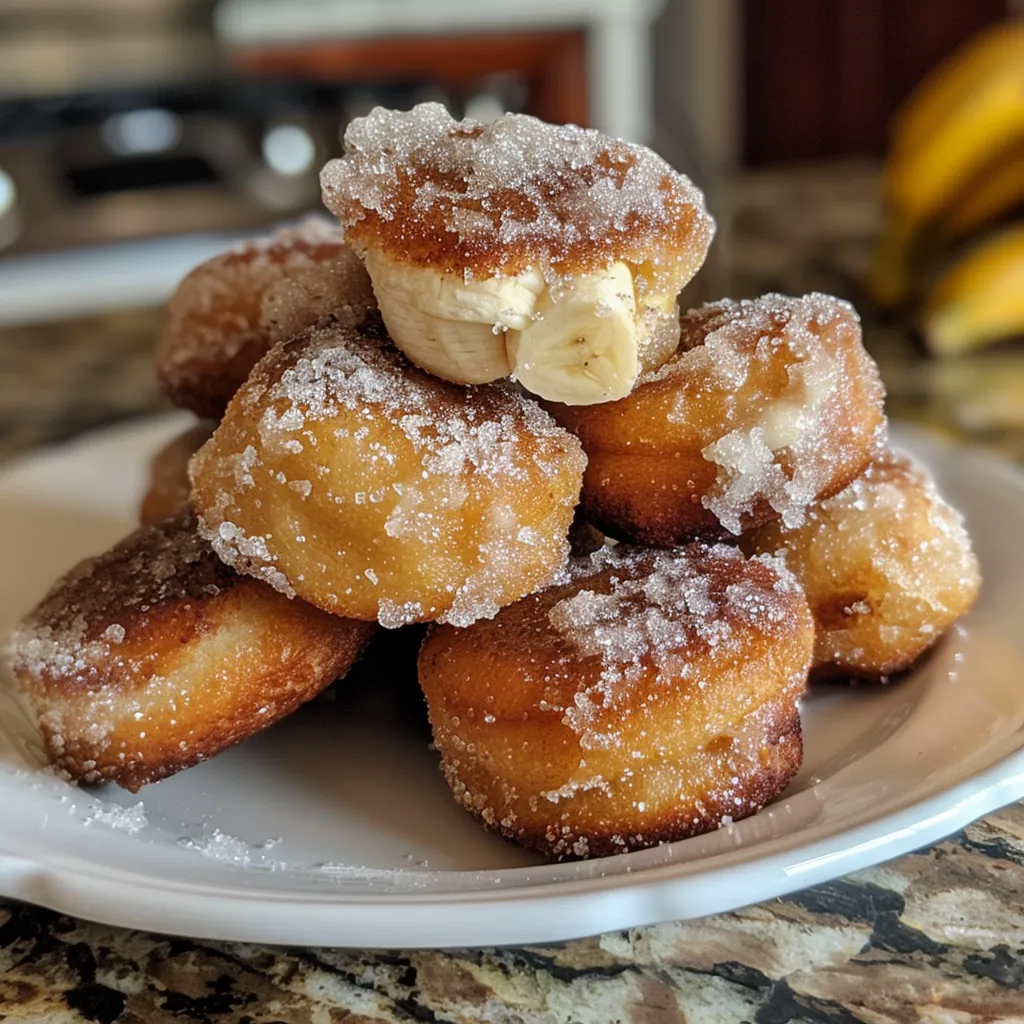 Close-up of a bowl of golden-brown, cinnamon-sugar coated banana donut holes.