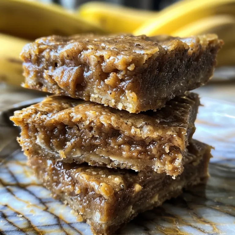 Overhead shot of several squares of peanut butter banana bars on a plate, surrounded by chocolate chips and peanut butter.
