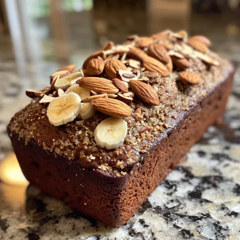 A golden-brown loaf of irresistible almond flour banana bread, baked in a white loaf pan.