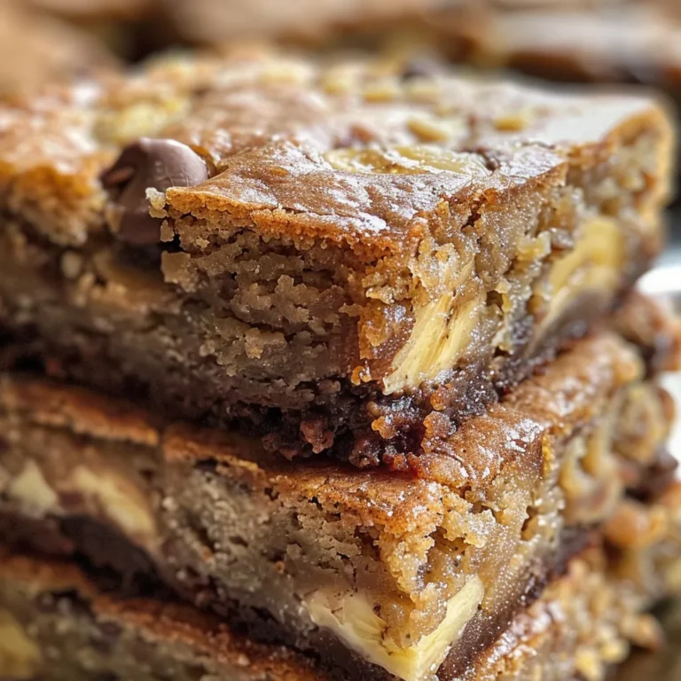 Stack of three delicious banana blondies on a plate.