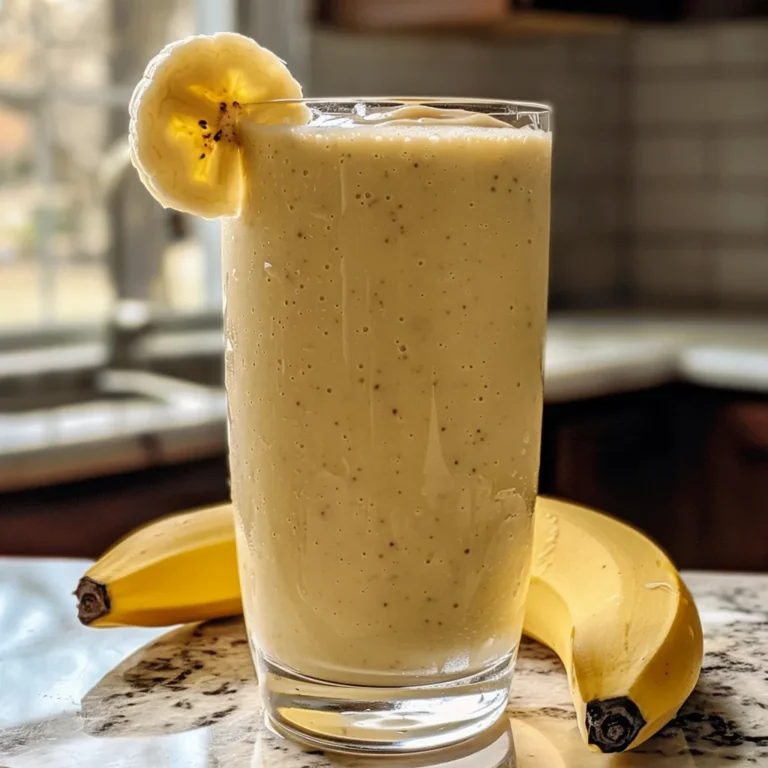 Creamy banana smoothie in a glass with fresh banana slices on top.