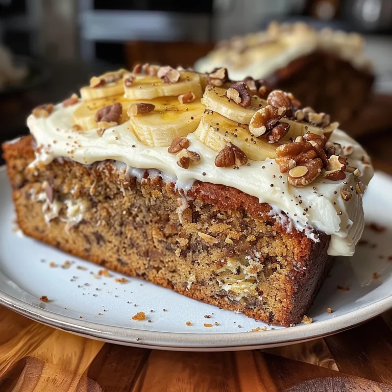 Close-up of a slice of banana bread cake layered with cream cheese frosting, garnished with a banana slice.