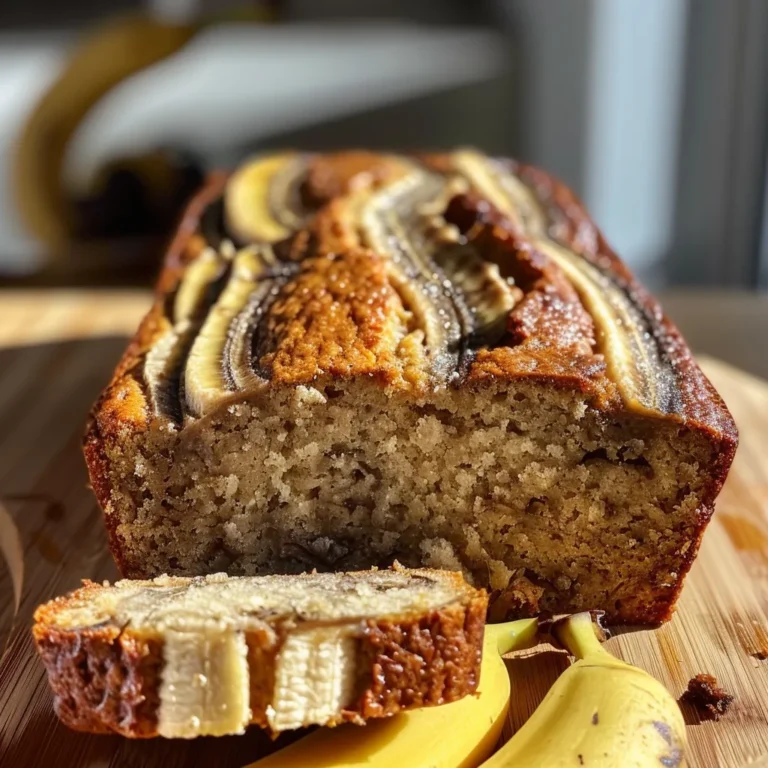 Slices of moist banana bread on a wooden cutting board.