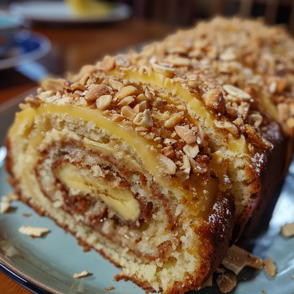 Delicious banana cake roll with cream cheese filling, pecans, candied ginger, and a glaze.