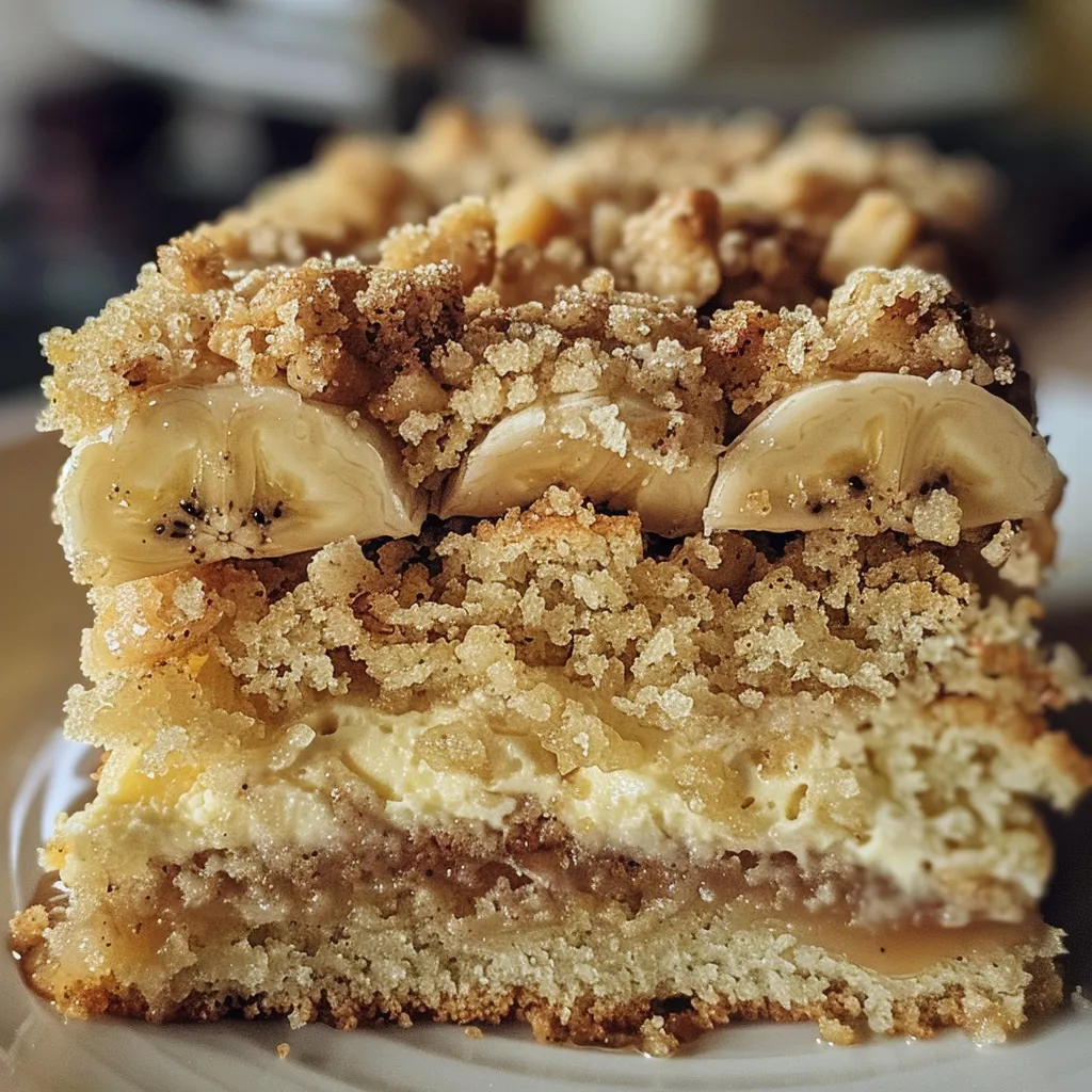 Close-up of a delicious slice of banana crumb cake on a white plate.