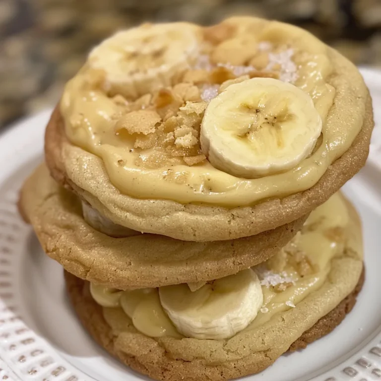 A close-up of a pile of banana pudding cookies, studded with white chocolate chips and Nilla wafers.