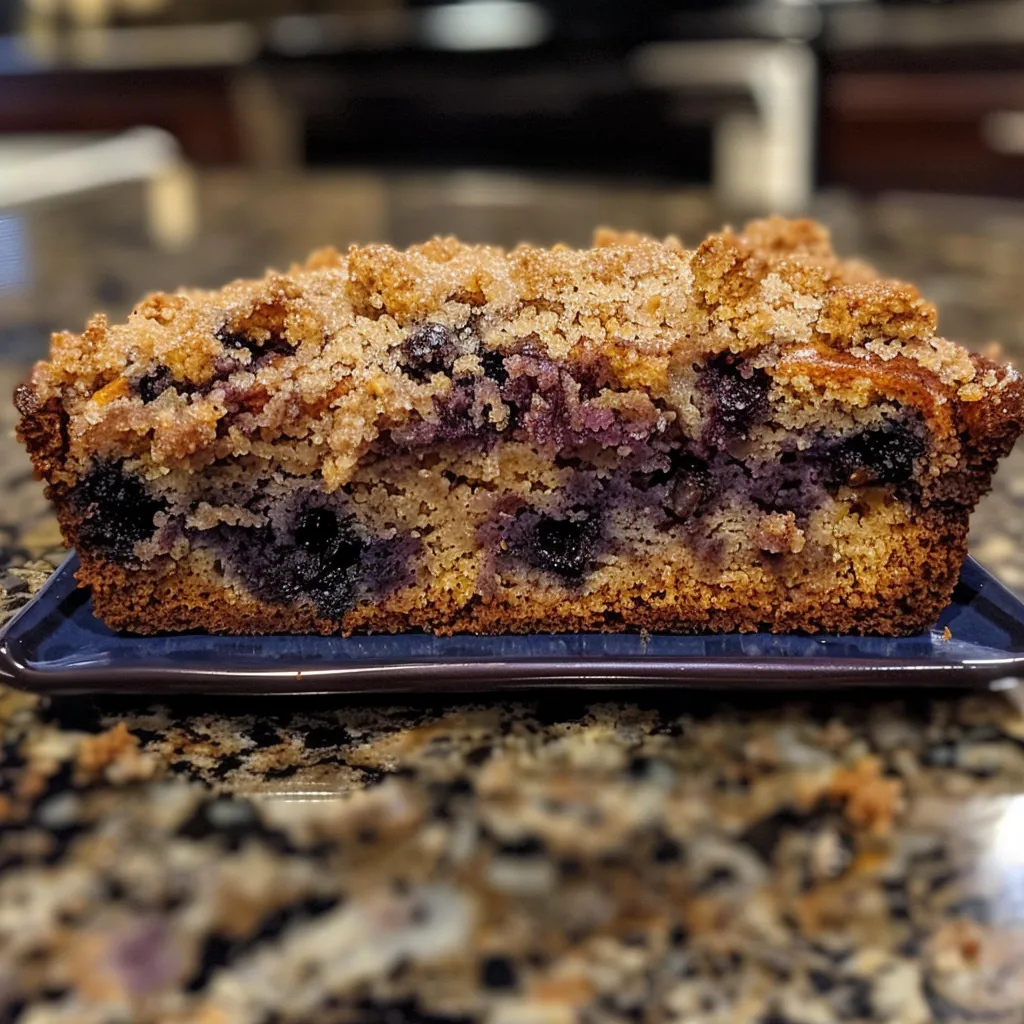 Slices of blueberry banana bread with a crumb topping on a wooden cutting board.