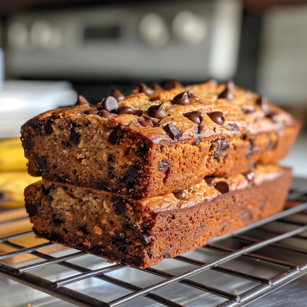 Close-up of a stack of brown butter chocolate chip banana bread slices, showing the texture and chocolate chips.