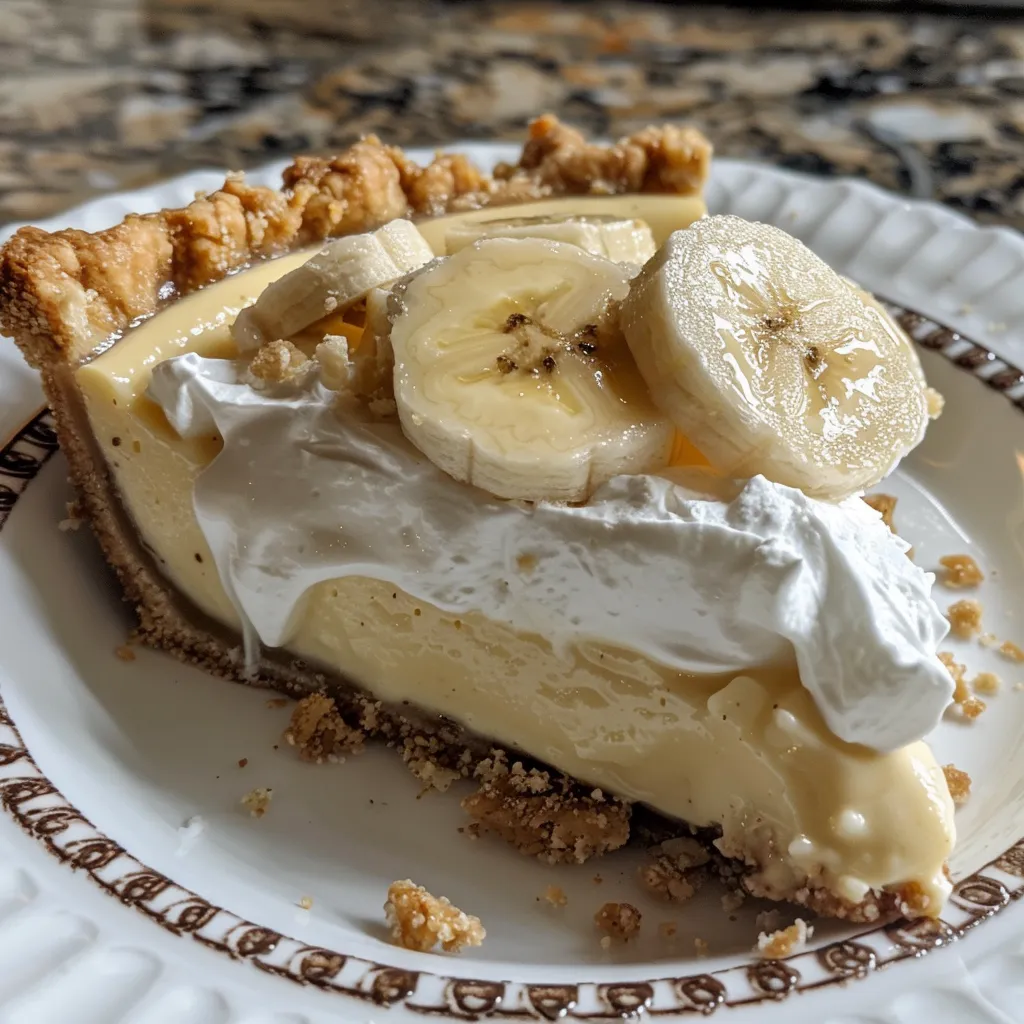 A delicious banana cream pie topped with whipped cream and banana slices.