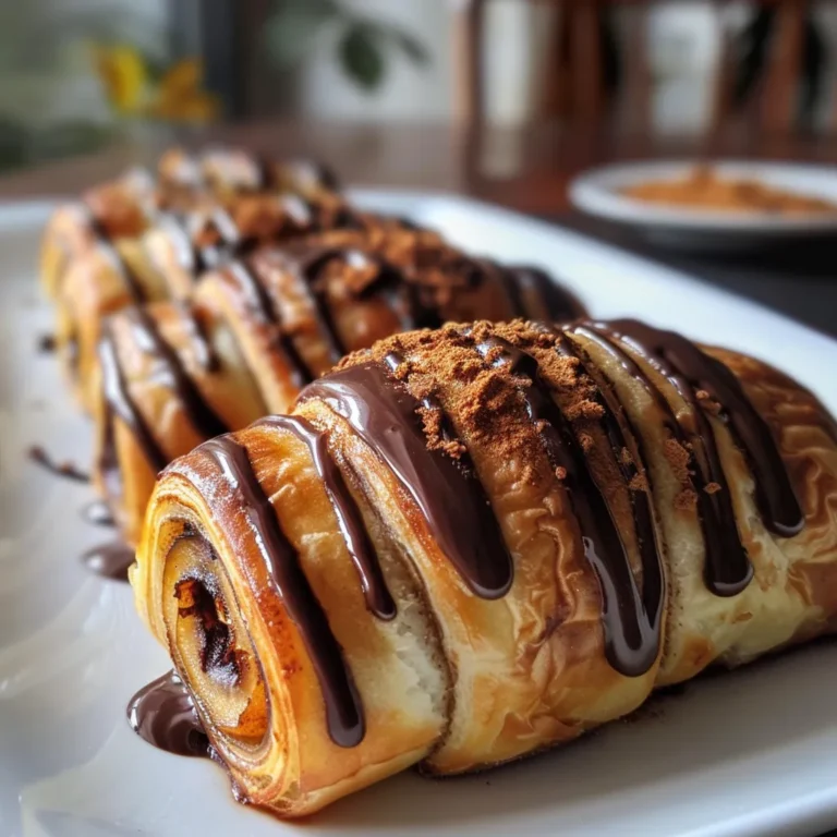 Three golden-brown crescent rolls filled with chocolate, arranged on a wooden cutting board.