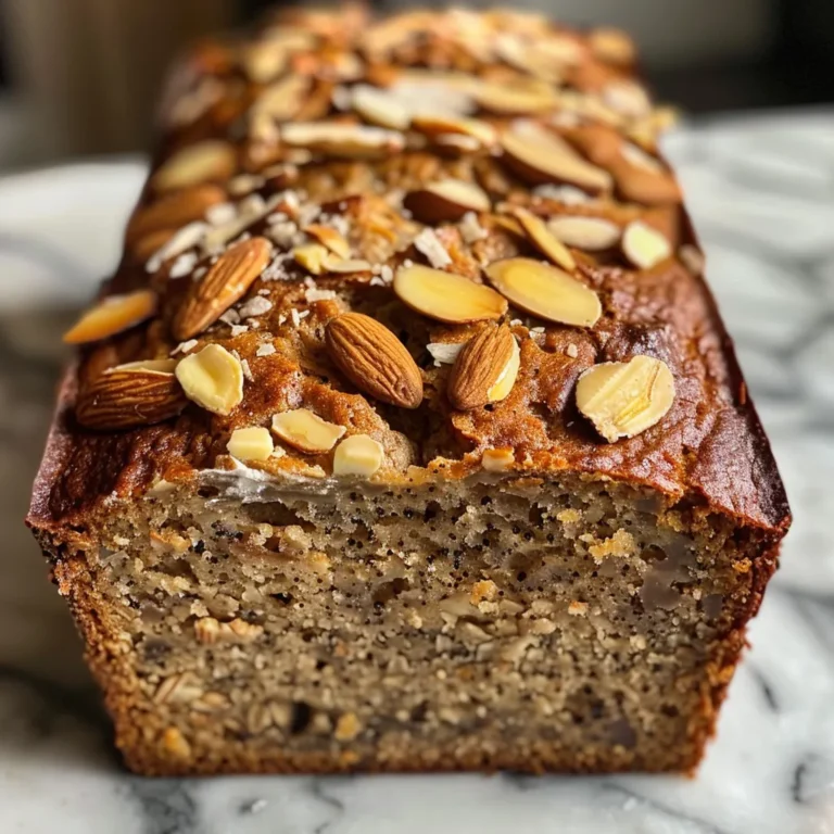 Slices of healthy almond flour banana bread on a wooden board, with almonds and bananas nearby.