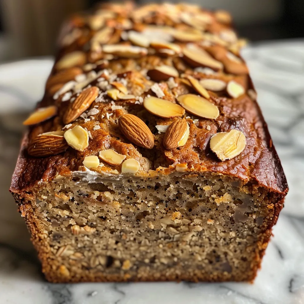 Slices of healthy almond flour banana bread on a wooden board, with almonds and bananas nearby.