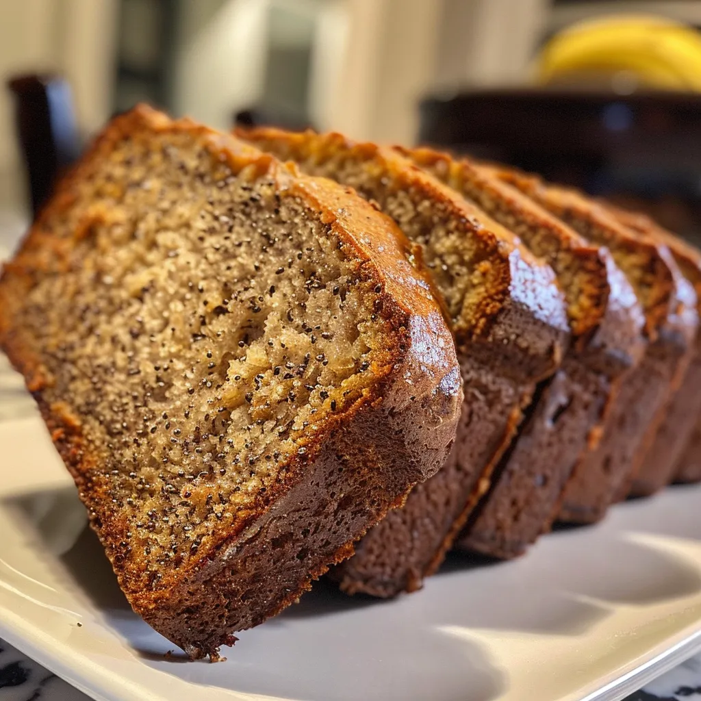 Slices of high-protein Greek yogurt banana bread on a wooden cutting board.