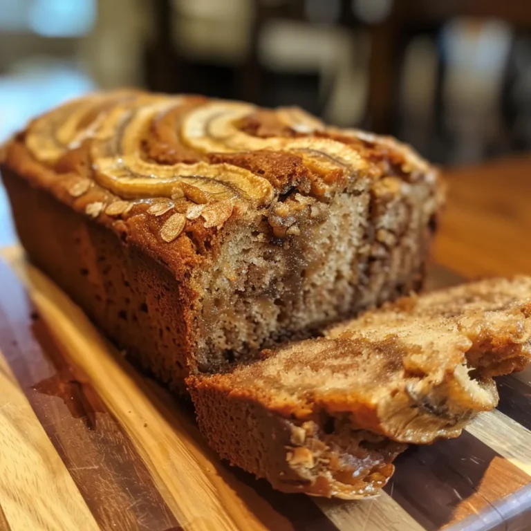 Homemade cinnamon swirl banana bread loaf topped with a cream cheese glaze and banana slices, resting on a wire rack.