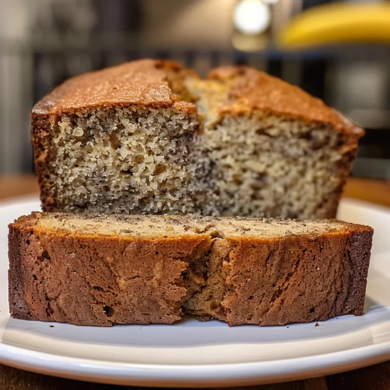 A slice of moist banana bread with a pat of butter melting on top, served on a speckled plate.