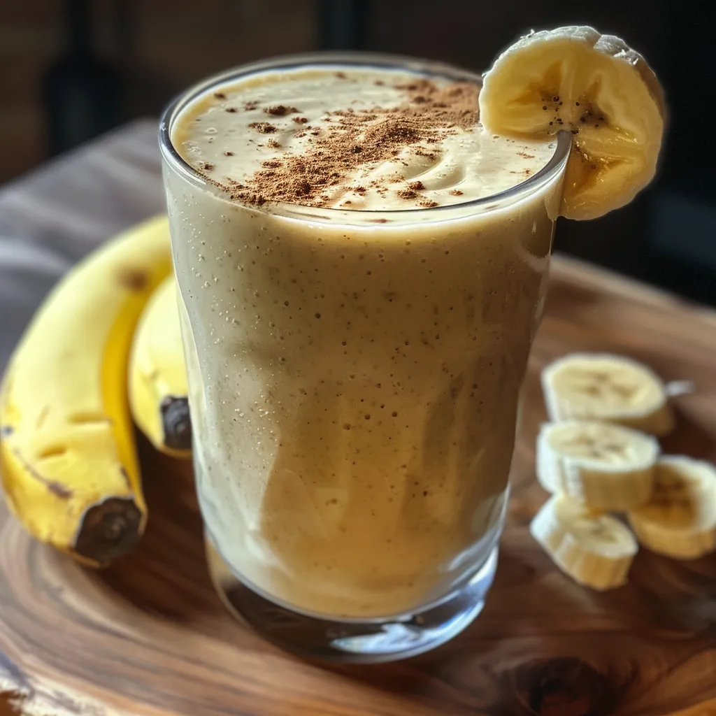 Creamy vanilla cinnamon banana smoothie in a glass, garnished with cinnamon, next to bananas and cinnamon powder.